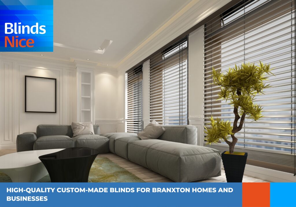 White Venetian blinds in a cosy living room with a black and white centre table