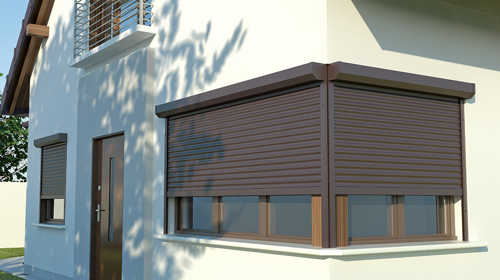 Remote-controlled window shutters shown in a residential setting, offering automated privacy and light adjustment.